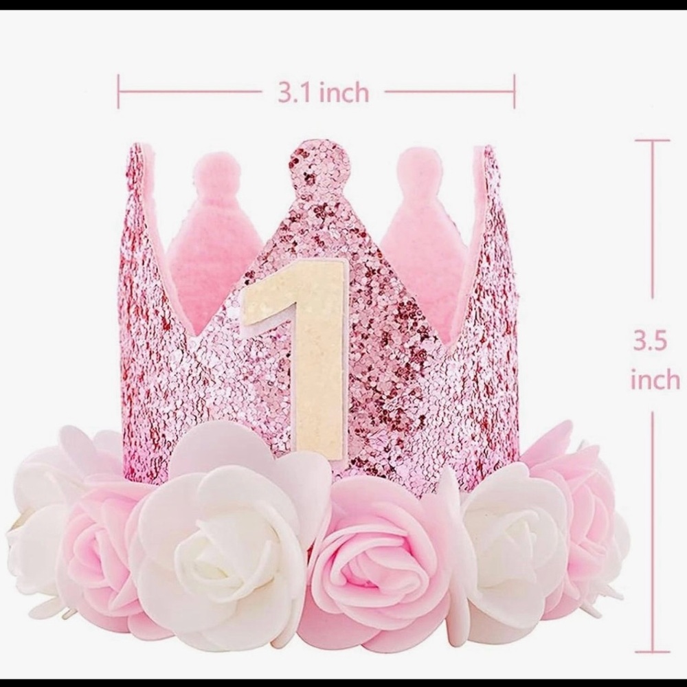 Pink Glitter 1st Birthday Crown with Roses
